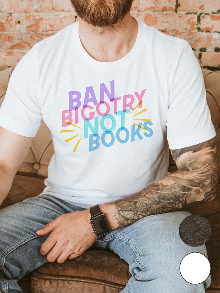 banned books quote cute feminist shirt white on male model