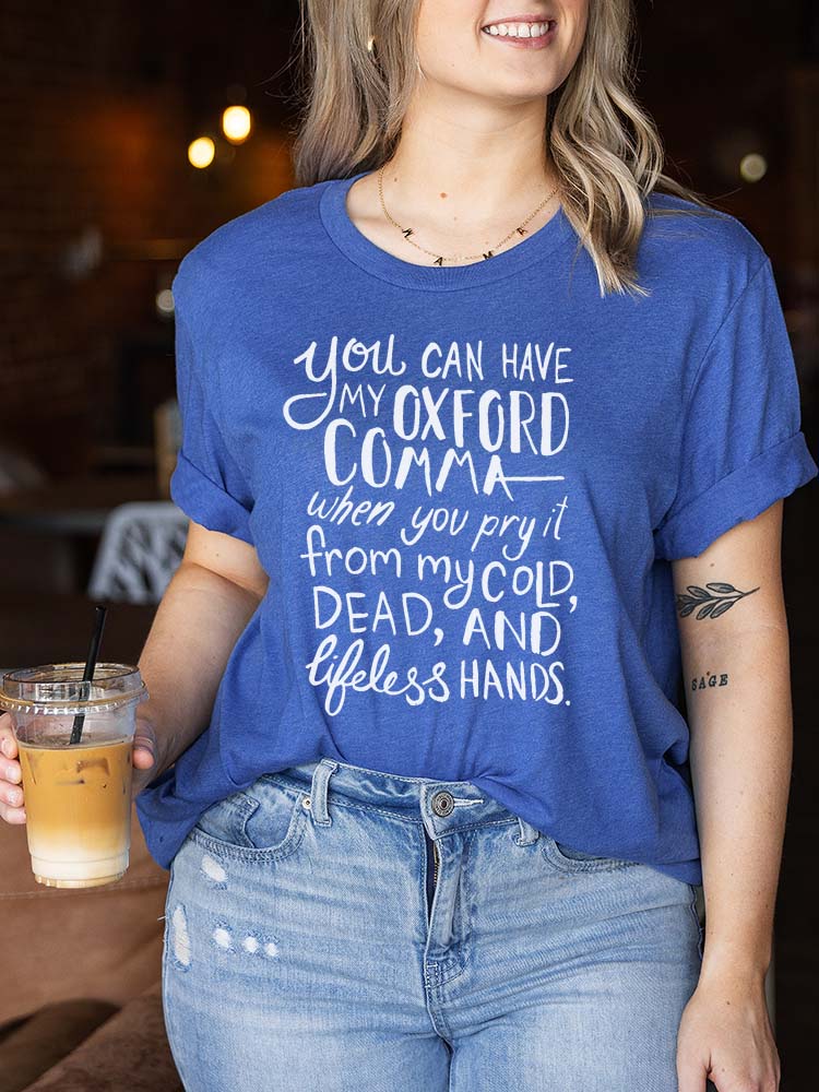 Oxford Comma Funny Grammar Shirt Blue on female model