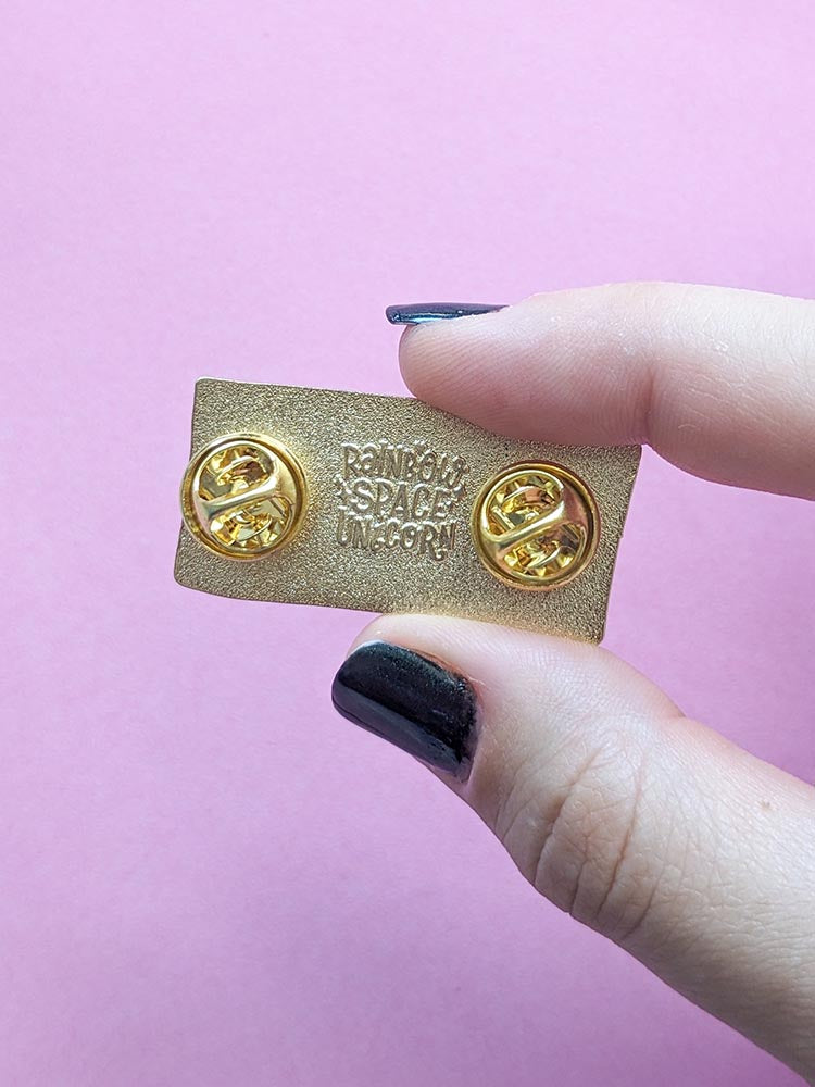 Hello On A Sidequest enamel pin name badge back with logo