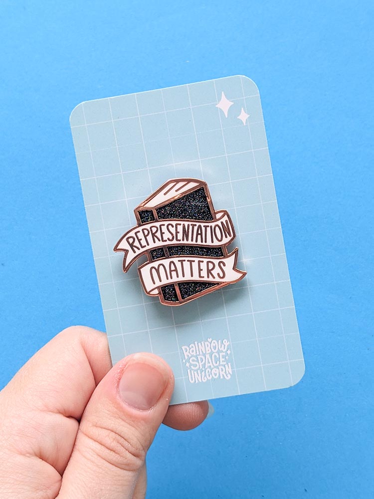 Representation Matters Bookish Enamel PIn Rose Gold Glitter Black