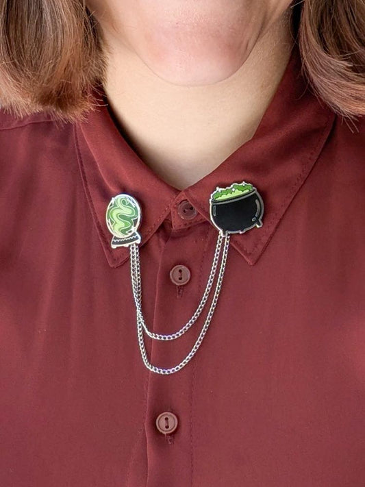 Collar Pin Set Witchy Cauldron and Crystal Ball Black Green Silver