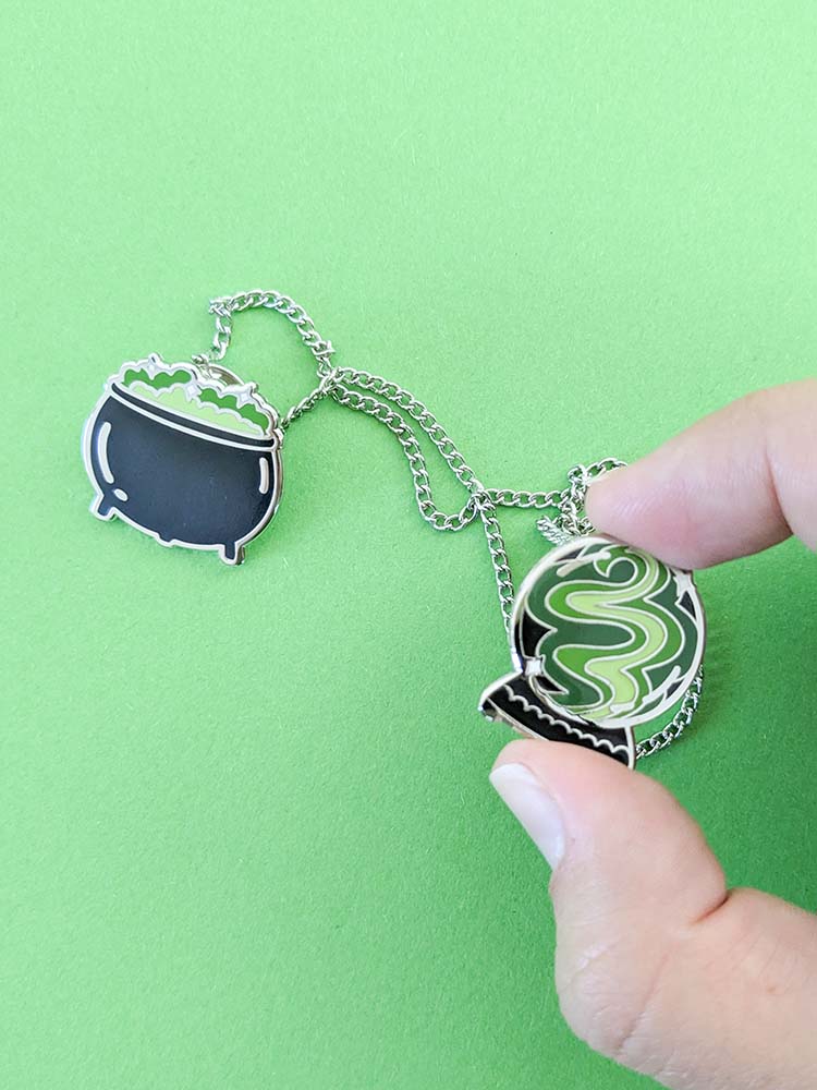 Collar Pin Set Witchy Cauldron and Crystal Ball Black Green Silver