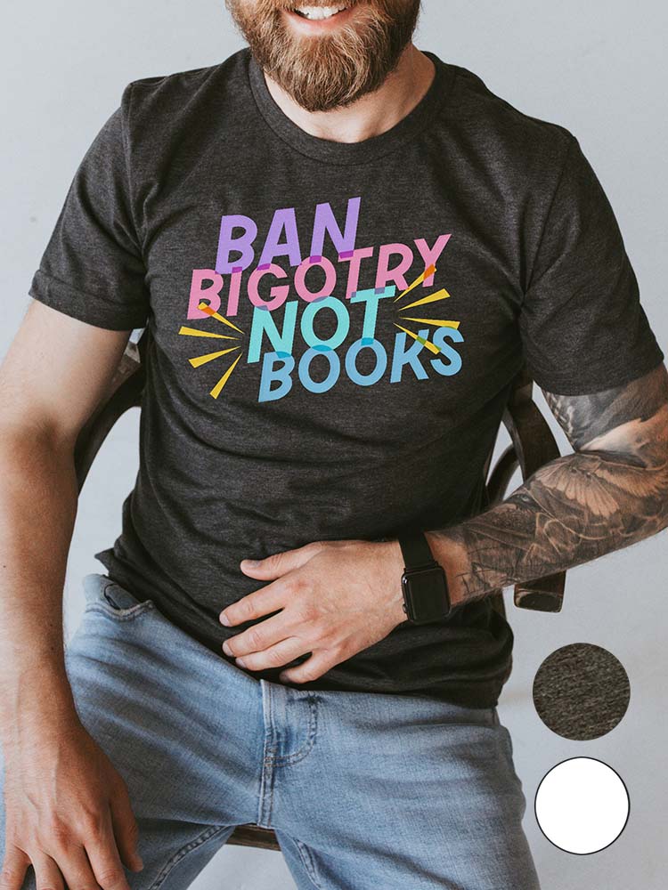 banned books quote cute feminist shirt dark heather on male model