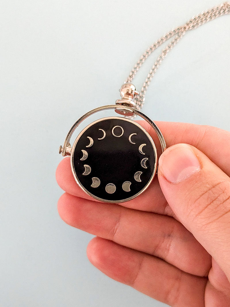 Minimalist Black Silver Lunar Fidget Spinner Necklace