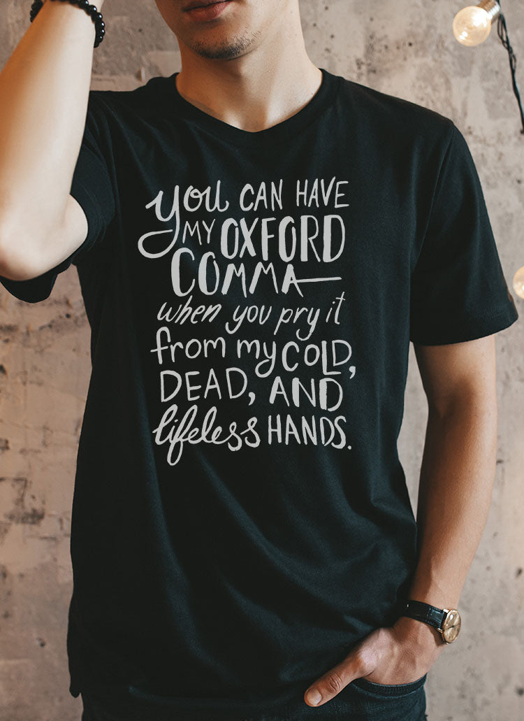 Oxford Comma Funny Grammar Shirt black on male model