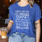 Oxford Comma Funny Grammar Shirt Blue on female model