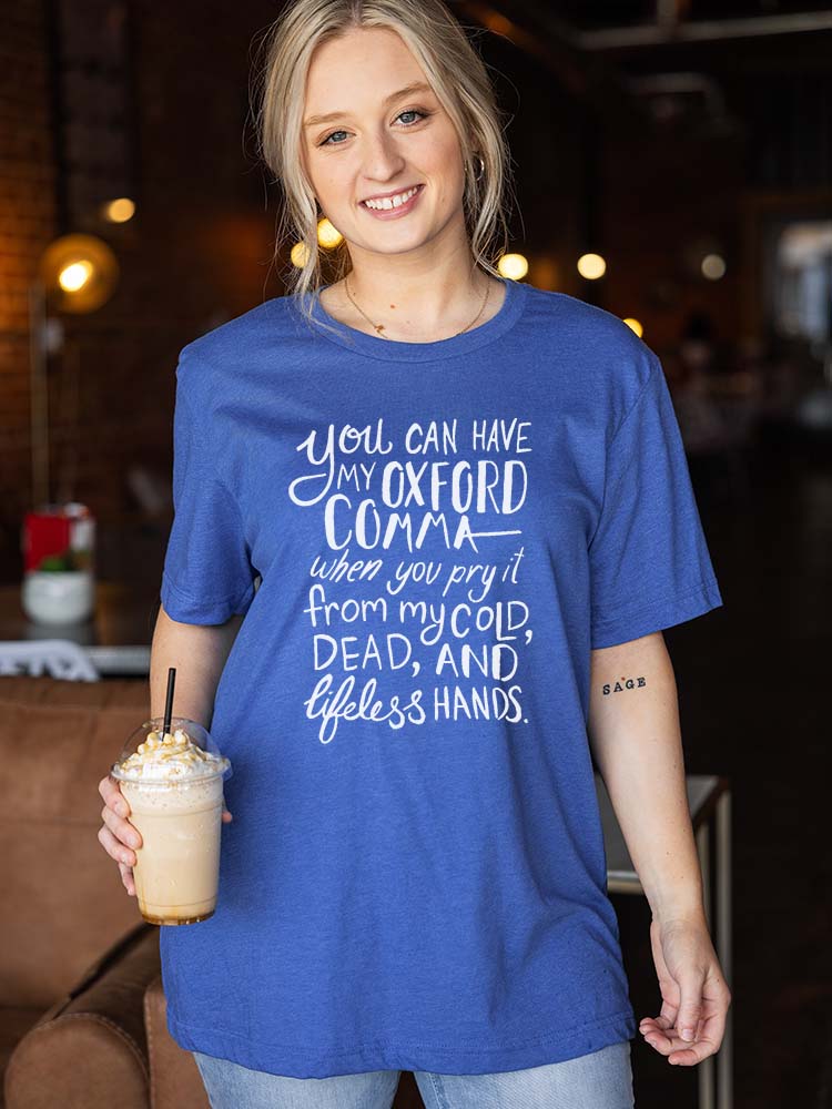 Oxford Comma Funny Grammar Shirt Blue on female model