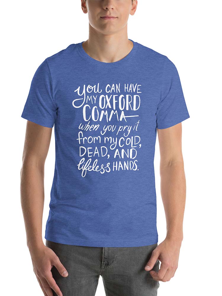 Oxford Comma Funny Grammar Shirt Blue on model
