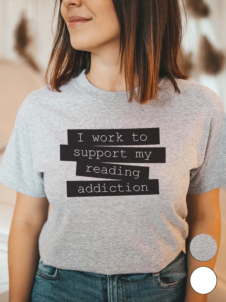 reading addiction shirt heathered light grey on female model