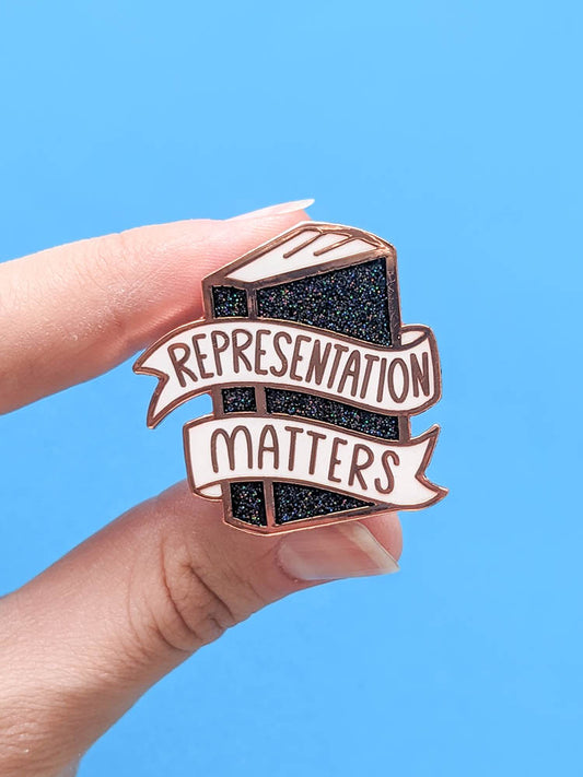Representation Matters Bookish Enamel PIn Rose Gold Glitter Black