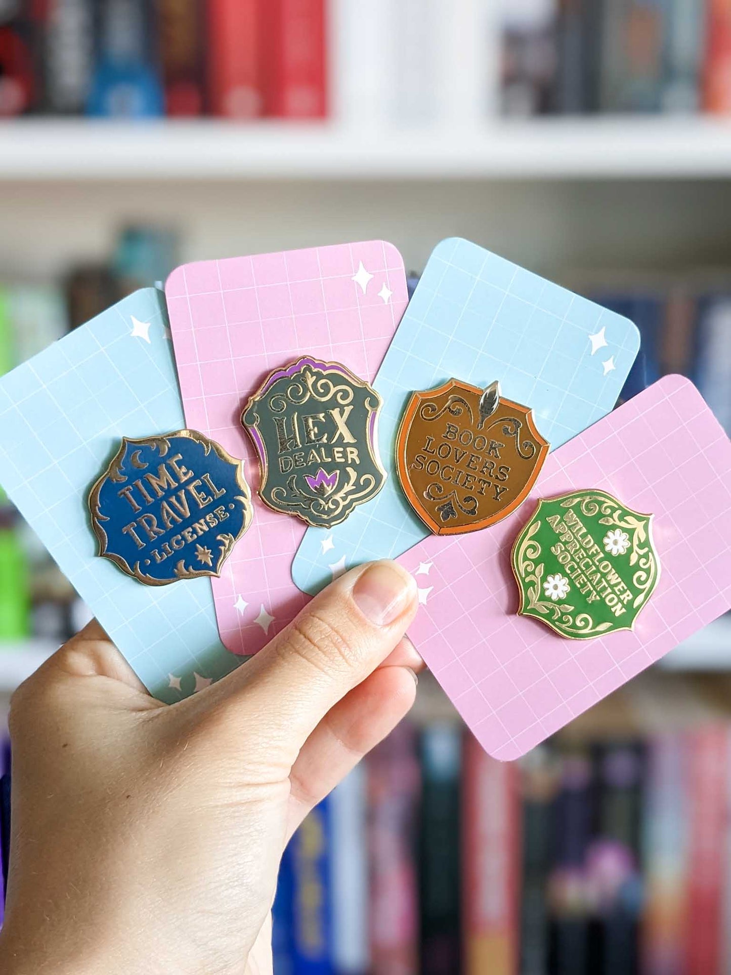Enamel Pin collection, Time Travel, Hex Dealer, Book Lover, Wildflower Appreciation
