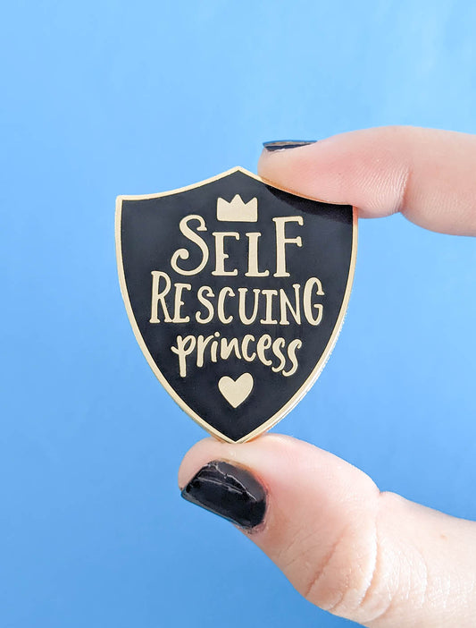 Self Rescuing Princess Enamel Pin Black Gold