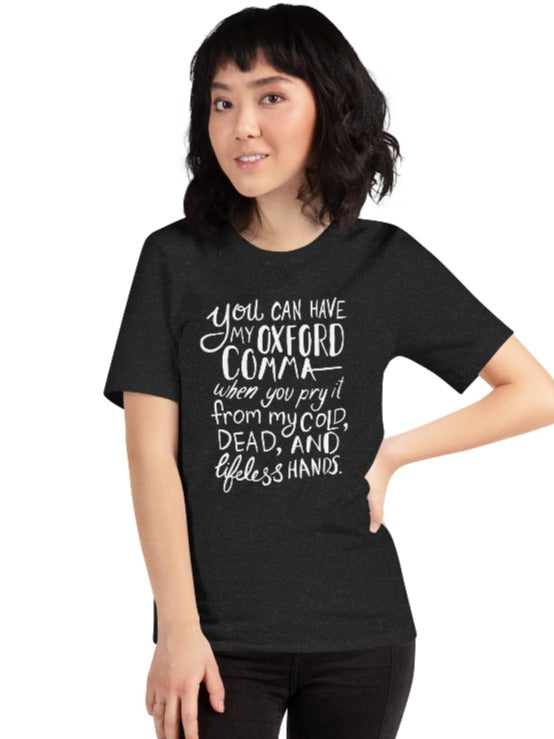 Oxford Comma Funny Grammar Shirt black on female model