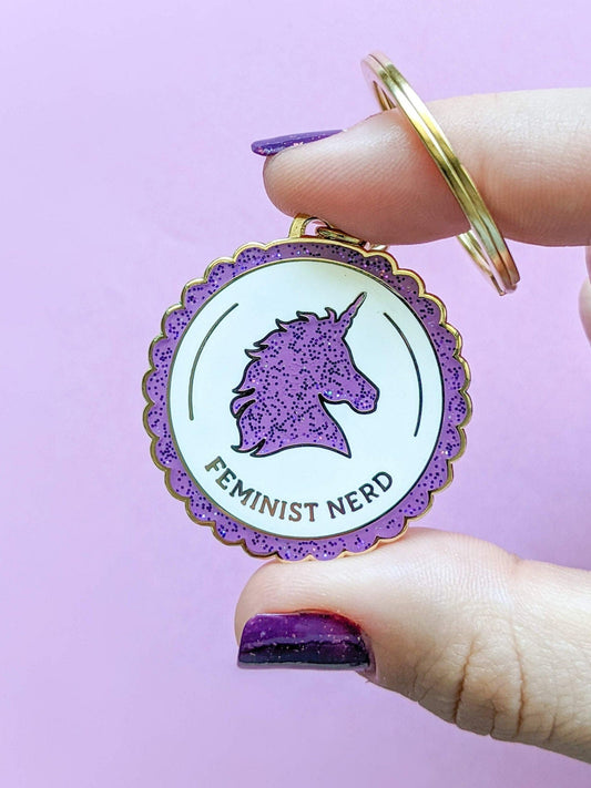 Feminist Nerd Unicorn Enamel Keychain Retro Bottlecap Shape